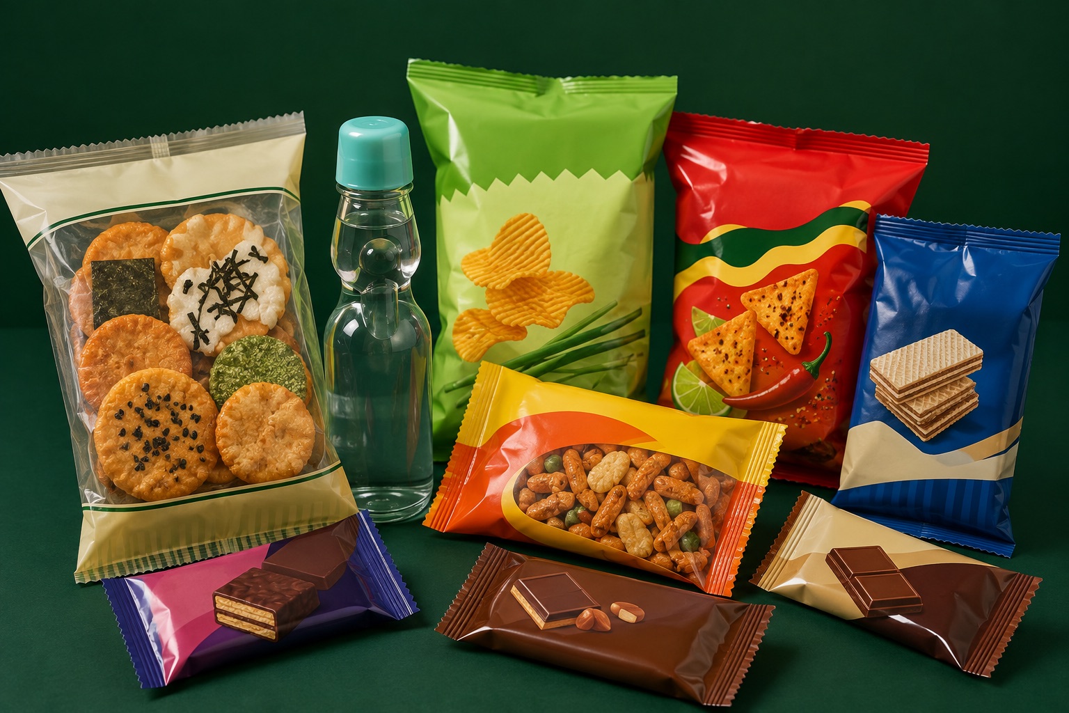Illustrative assortment of international rice crackers, chili-lime snacks, wafers, chocolate and a ramune-style drink