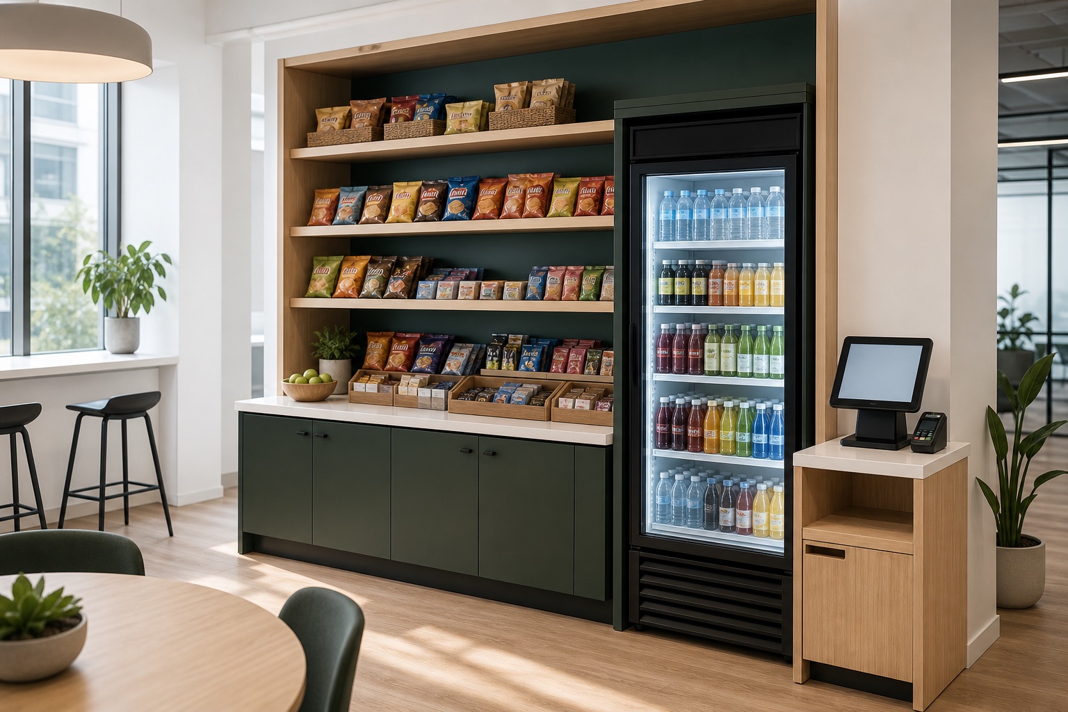 Illustrative micro market with open snack shelves, a drink cooler and cashless checkout